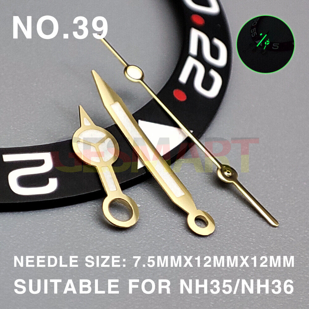 Green luminous watch hands with golden trim, 12mm length, compatible with Miyota NH35/NH36/NH38 movements.