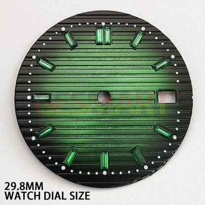 Green 29.8mm imitation gemstone watch dial for NH35 movement, stylish accessory.