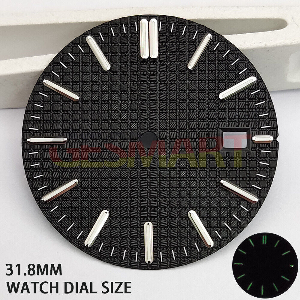 Green lume watch dial with silver trim and black check pattern, compatible with NH35 movement,.
