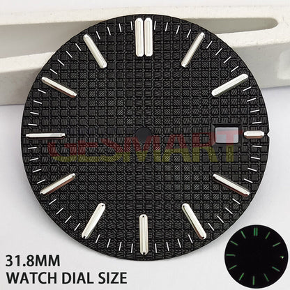 Green lume watch dial with silver trim and black check pattern, compatible with NH35 movement,.