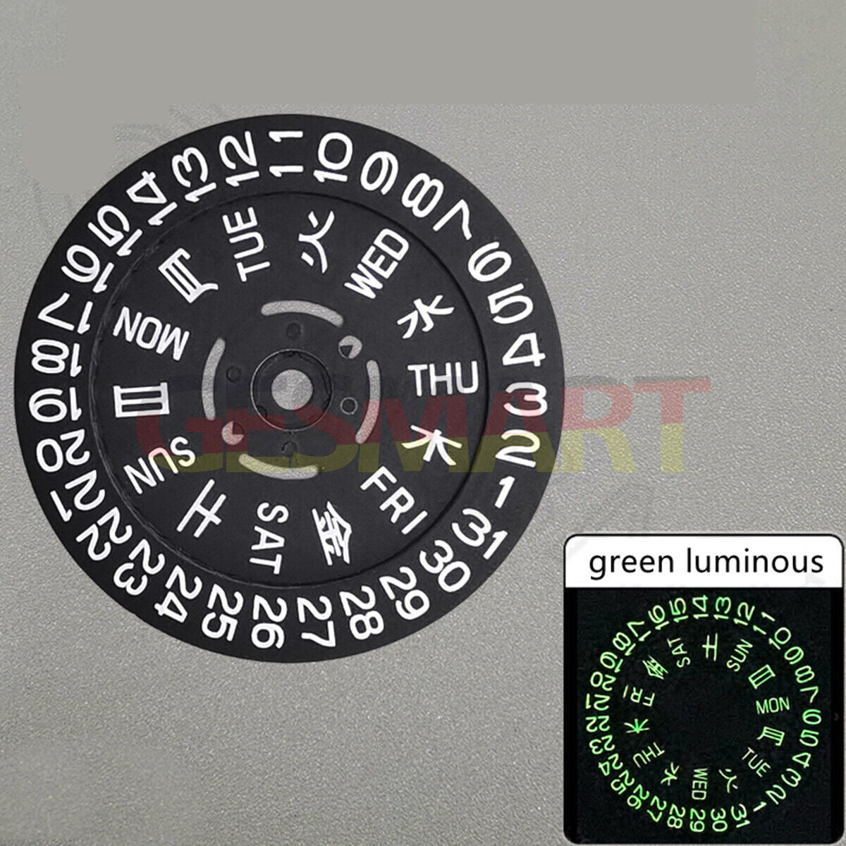 Green lume black date and week dial wheels compatible with NH36 movement, enhancing watch accessory precision.