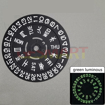 Green lume black date and week dial wheels compatible with NH36 movement, enhancing watch accessory precision.