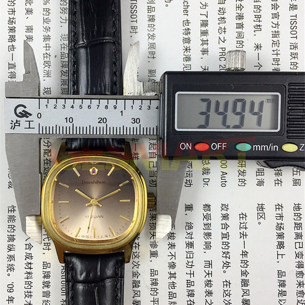 34mm Shanghai mechanical watch with golden nail markers, brown dial, square case, 17 jewels for classic style.