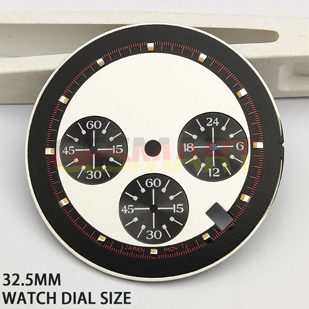 Black and white 32.5mm Timed Lap watch dial with green lume, compatible with VK63 quartz.