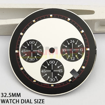 Black and white 32.5mm Timed Lap watch dial with green lume, compatible with VK63 quartz.