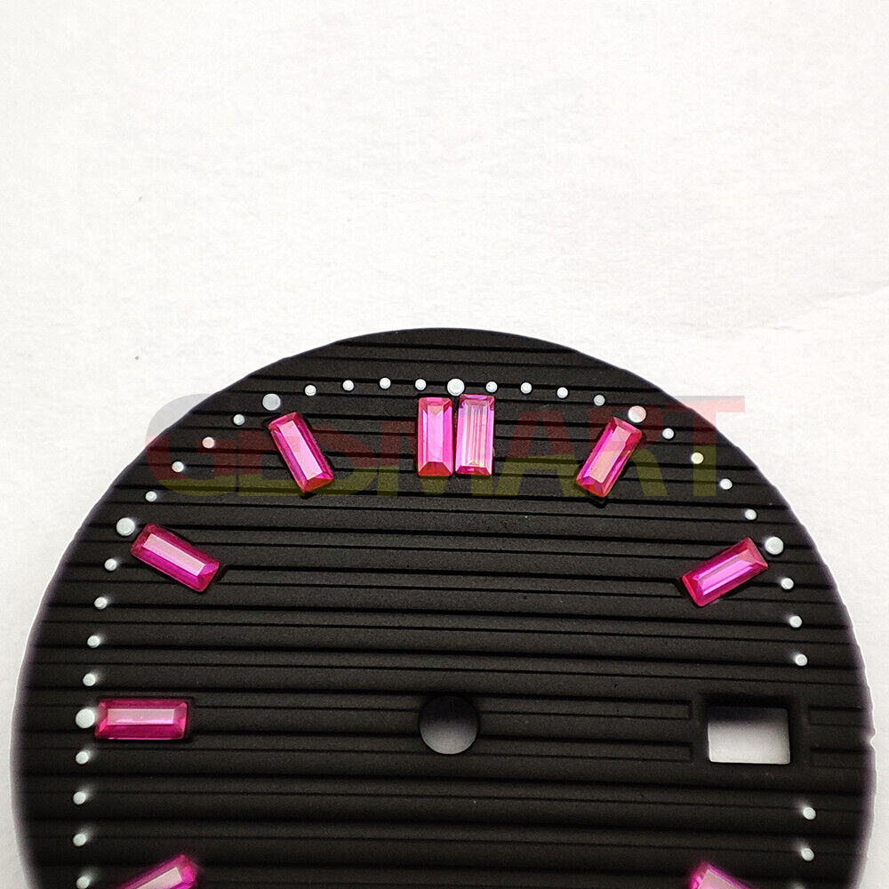 29.8mm black watch dial with pink imitation gemstone, designed for NH35 movement, perfect for stylish repairs.