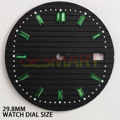 Green imitation gemstone watch dial, 29.8mm, black base for NH35 movement.
