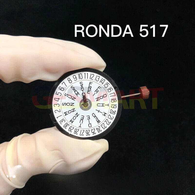 Swiss Made RONDA 517 quartz watch movement with date display at 3 and 6 o'clock positions.