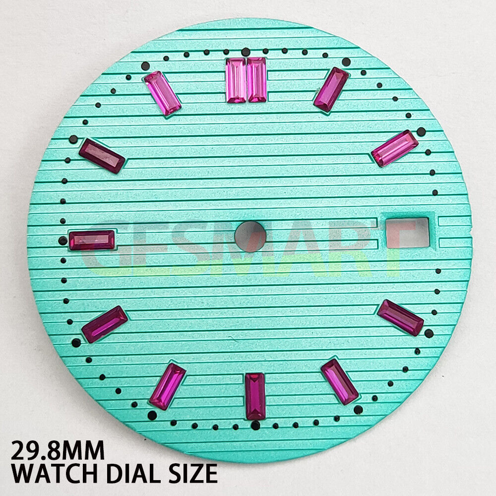 29.8mm light green watch dial with pink imitation gemstone for NH35 movement accessories.