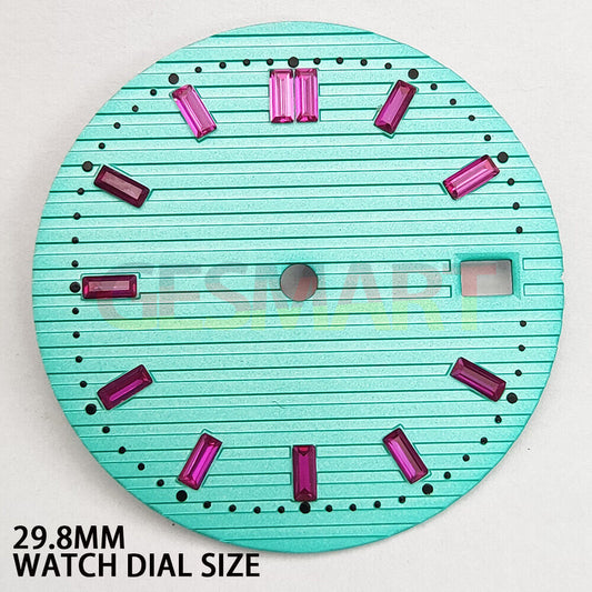 29.8mm light green watch dial with pink imitation gemstone for NH35 movement accessories.