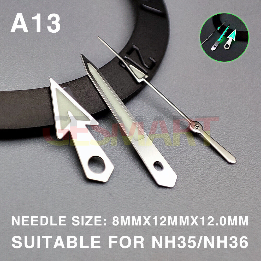 Green lume arrow-shaped 12mm watch hands with silver trim for Miyota NH35/NH36/NH38 models.