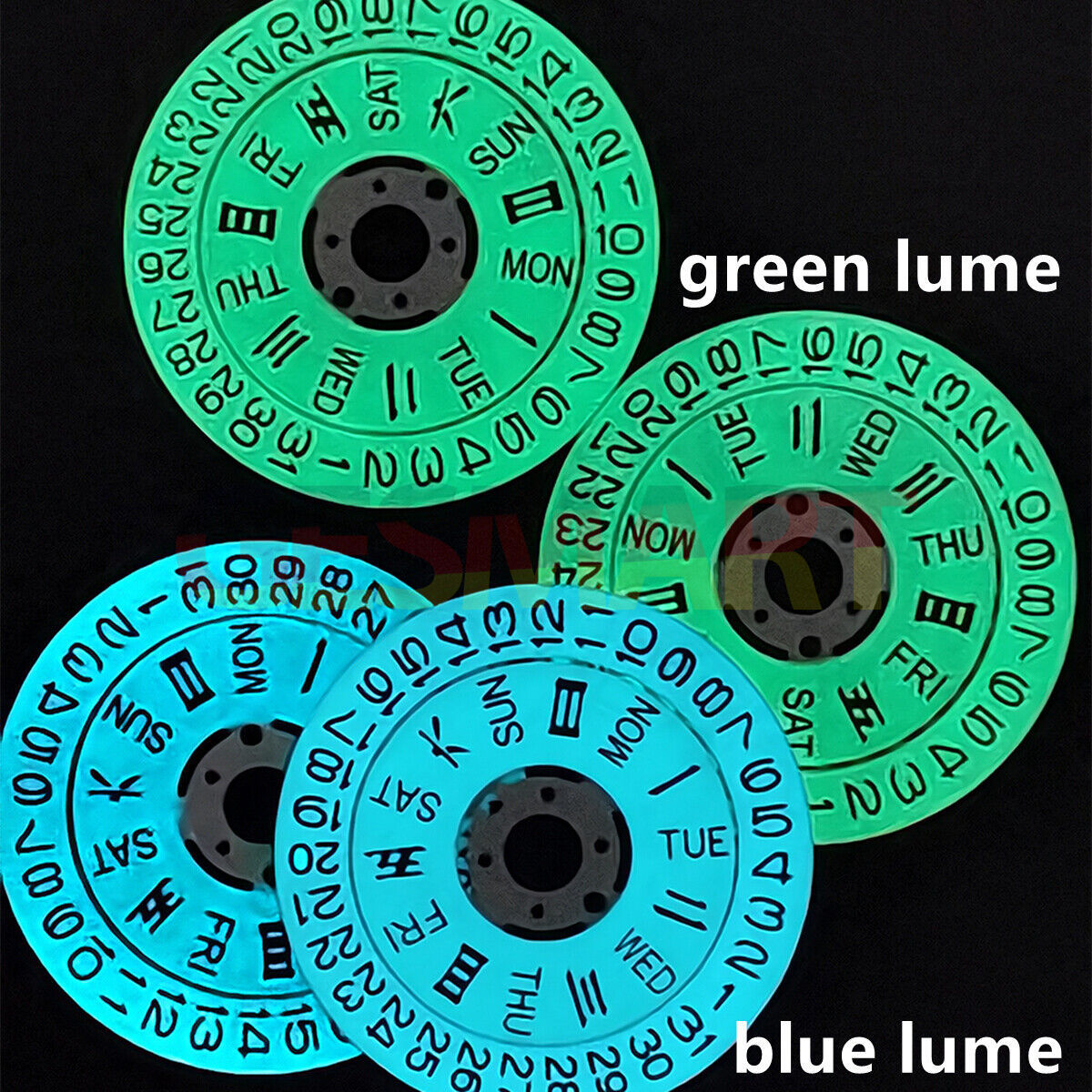 Blue/green lume date and week wheels for NH36 movement, white disk, precise fit and visibility.
