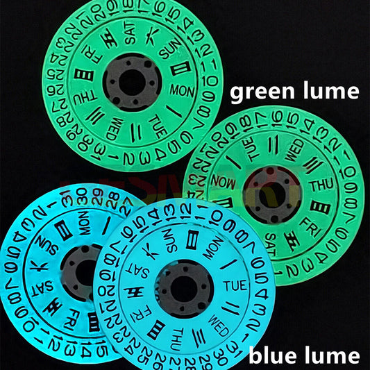 Blue/green lume date and week wheels for NH36 movement, white disk, precise fit and visibility.
