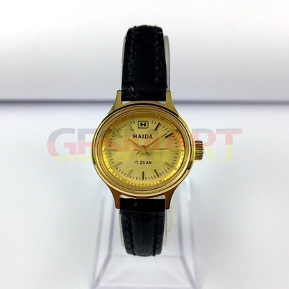 HAIDA 24mm Lady Watch with golden oval case, mechanical movement, and elegant golden nail hour markers.