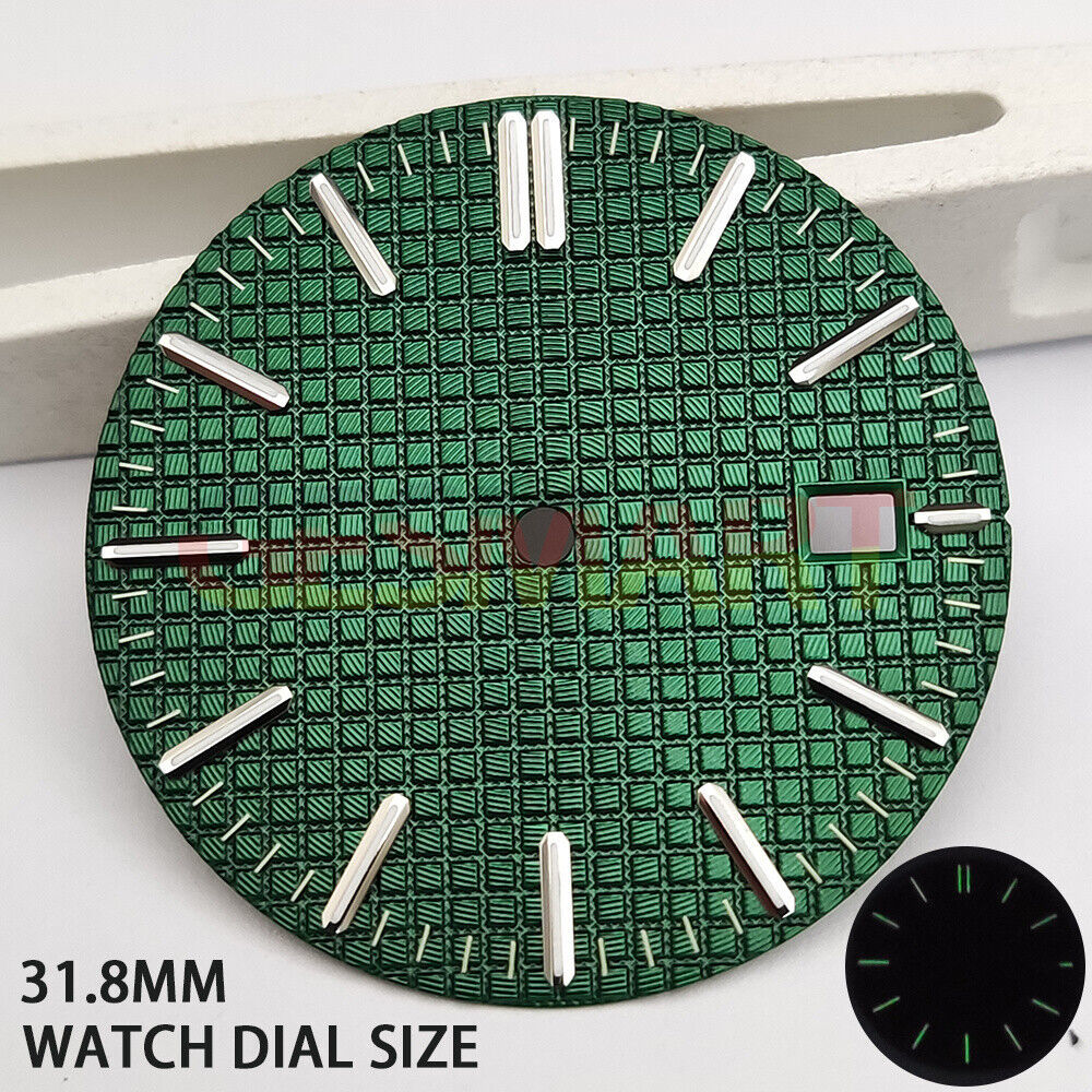 Green lume watch dial with silver trim and green check pattern, designed for NH35 movement.