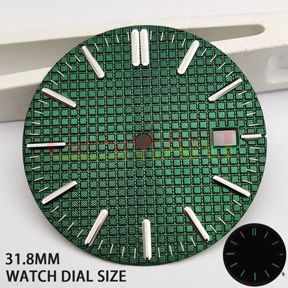 Green lume watch dial with silver trim and green check pattern, designed for NH35 movement.