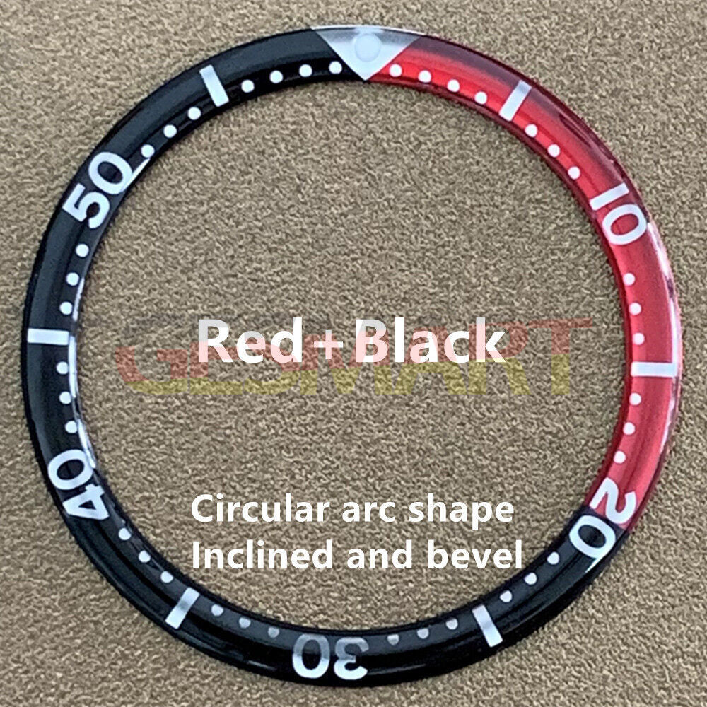 Red 39mm aluminium watch bezel insert with graduation markings, circular arc bevel.