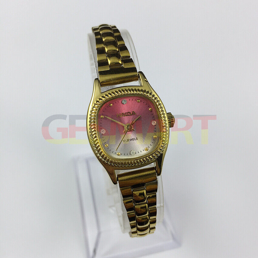 HAIDA Lady 22mm watch with golden nail markers, 17 jewels, and gradient pink dial for elegant style.