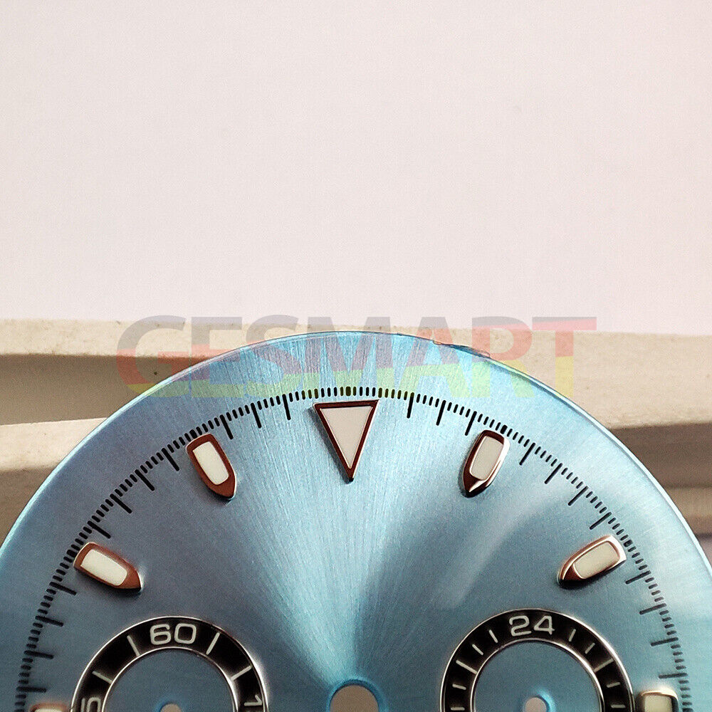 Green luminous matted blue watch dial for VK63 quartz movement, ideal for precision timekeeping accessories.