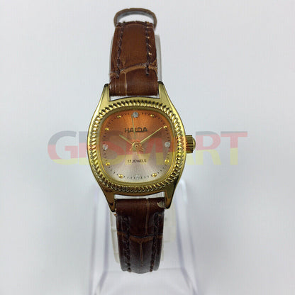 22mm HAIDA Lady Watch with golden nails, manual mechanical movement, and gradient orange dial on stainless steel strap.