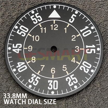 33.8mm green luminous pilot watch dial for NH35 movement, ideal for precise watch repairs.