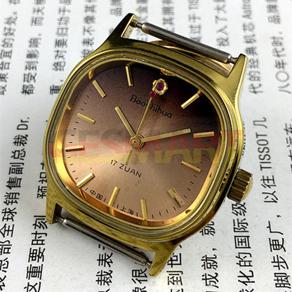 33mm Shanghai manual watch with golden nail markers, 17-jewel movement, square case, brown dial by Shanghai.