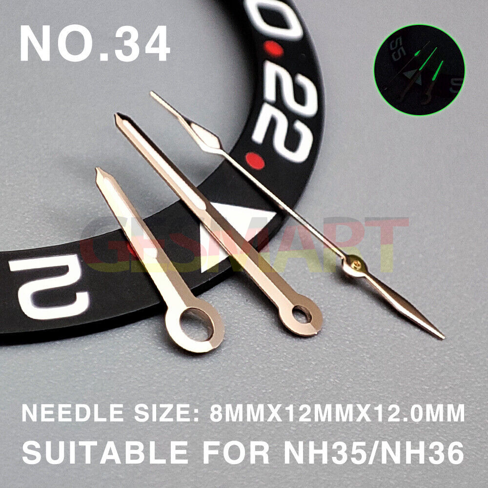 Green lume 12mm rose gold trimmed watch hands for Miyota NH35/NH36/NH38 movements.
