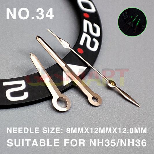 Green lume 12mm rose gold trimmed watch hands for Miyota NH35/NH36/NH38 movements.