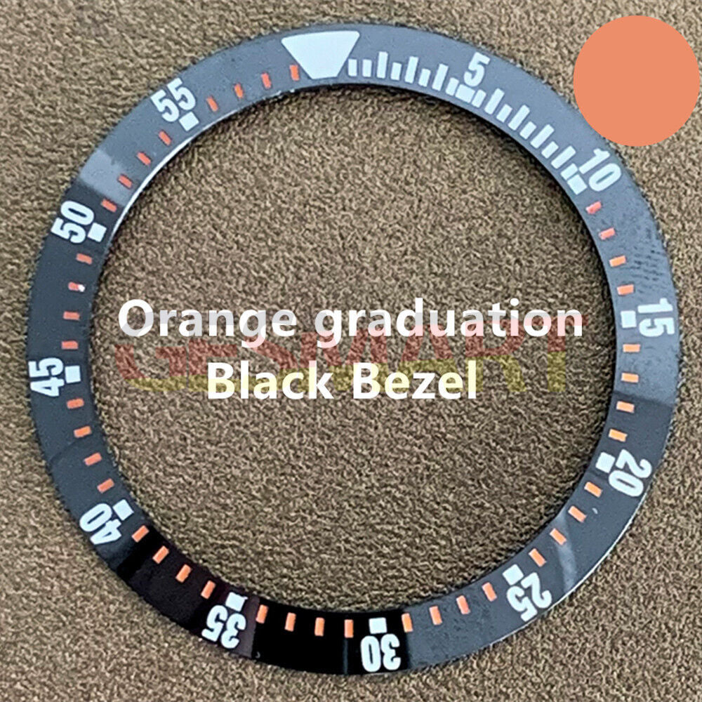 Black ceramic watch bezel insert with orange graduation, 38mm/30.5mm size, perfect for precise timekeeping and stylish repair.