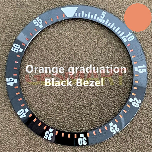 Black ceramic watch bezel insert with orange graduation, 38mm/30.5mm size, perfect for precise timekeeping and stylish repair.