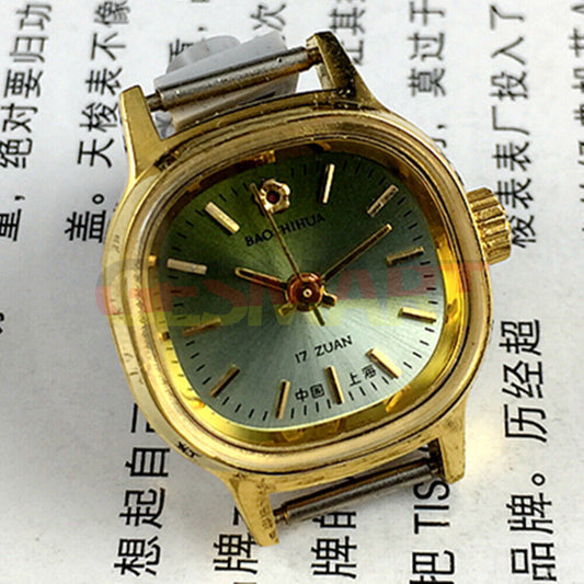 Shanghai Manual Mechanical Lady Watch with golden nail markers, 17 jewels, square case, and green dial, elegant design.