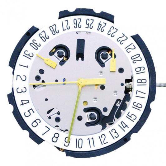 ETA G10.211 Swiss quartz watch movement showing 3 hands and date at 3/4/4.5 position for precision timekeeping.