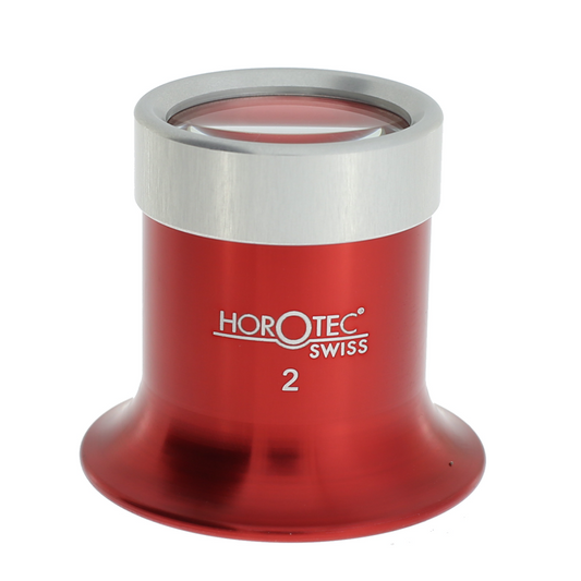 Horotec MSA00.031-2 5.0x magnification eyeglass in anodized aluminum with secure screwed ring for watch repair.