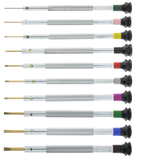 Horotec MSA01.105 antimagnetic screwdriver set with chrome plated brass handles, sizes 0.50 to 3.00 mm for precise watch repairs