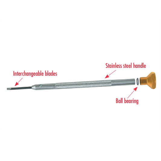 Horotec MSA01.201 watchmaker screwdriver with light blue aluminum head and smooth ball bearings for precision assembly.