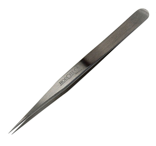 Horotec MSA12.302-3 antimagnetic fine tweezers for delicate hairspring adjustments in watchmaking.