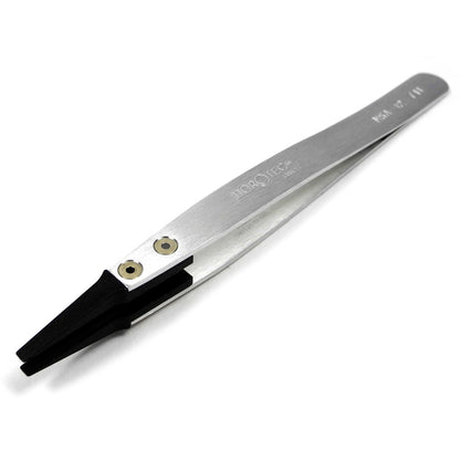 Horotec MSA12.711 carbon fibre tweezers with hard broad flat tips for precise watch accessory handling.