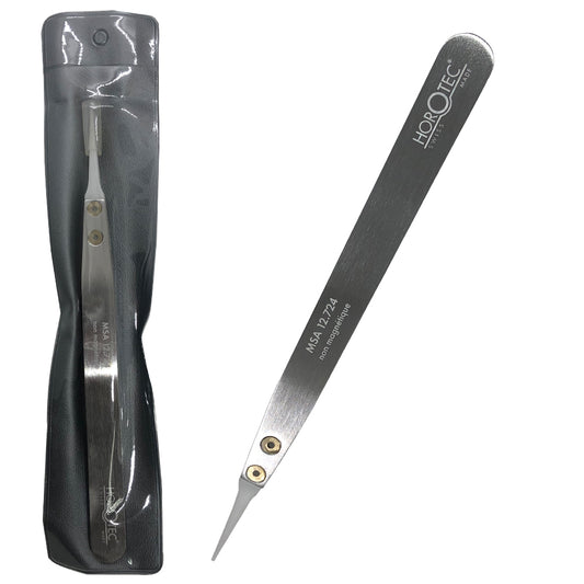 Horotec MSA12.724 aluminium tweezer with fine white Delrin� soft tips for delicate watch repair tasks.