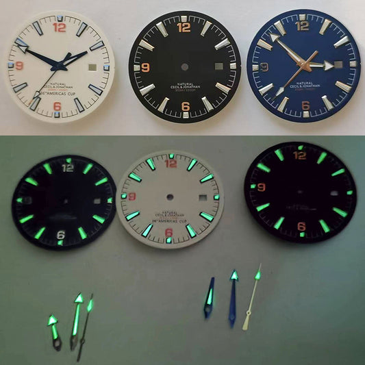 33.3MM green luminous watch dial with hands, compatible with 2813/8215 movements, ideal for precise timekeeping.