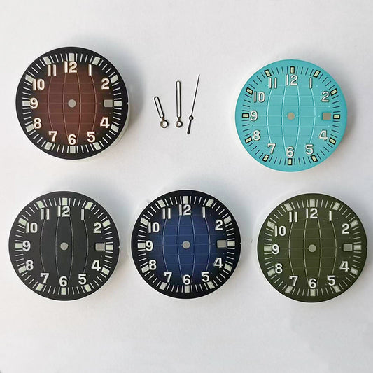 Green luminous 31.3MM watch dial with hands for NH35/NH36/2813/8215/2836 movements, precise fit.
