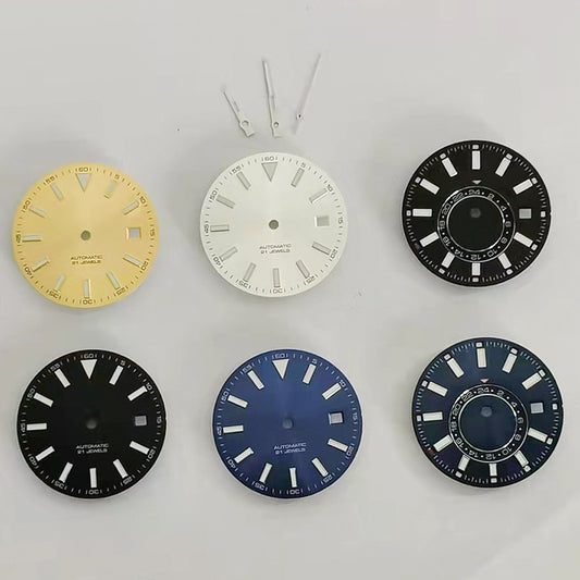 Blue luminous 30.6MM watch dial with hands, compatible with 2813 Miyota 8215 movements.
