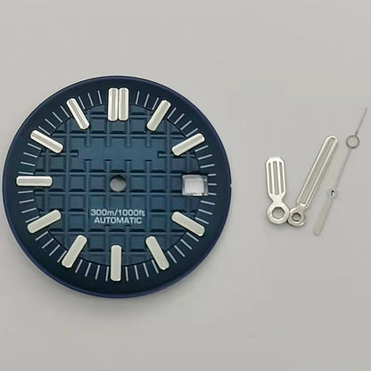 30MM green luminous watch dial with hands, fits 8215 and 2813 movements, ideal for watch repairs.