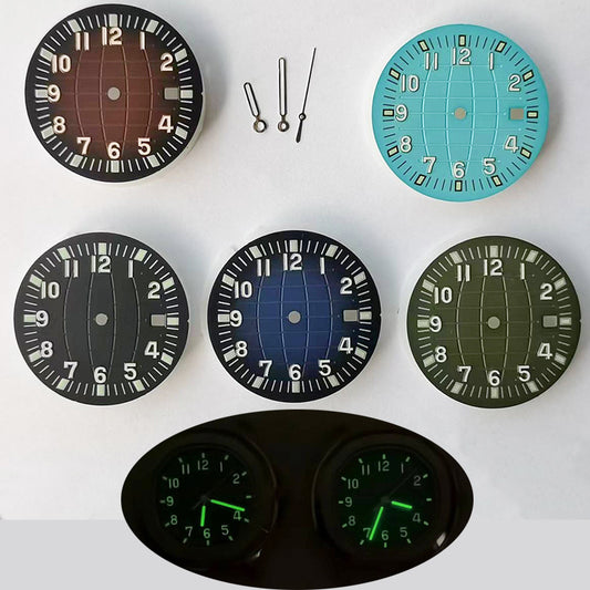 Green luminous 31.3MM watch dial with hands for NH35/NH36/2813/8215/2836 movements, precise fit.