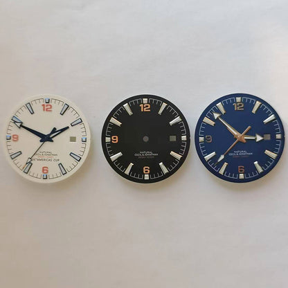 Green luminous 33.3MM watch dial with hands for 2813/8215 movements, enhancing nighttime readability.
