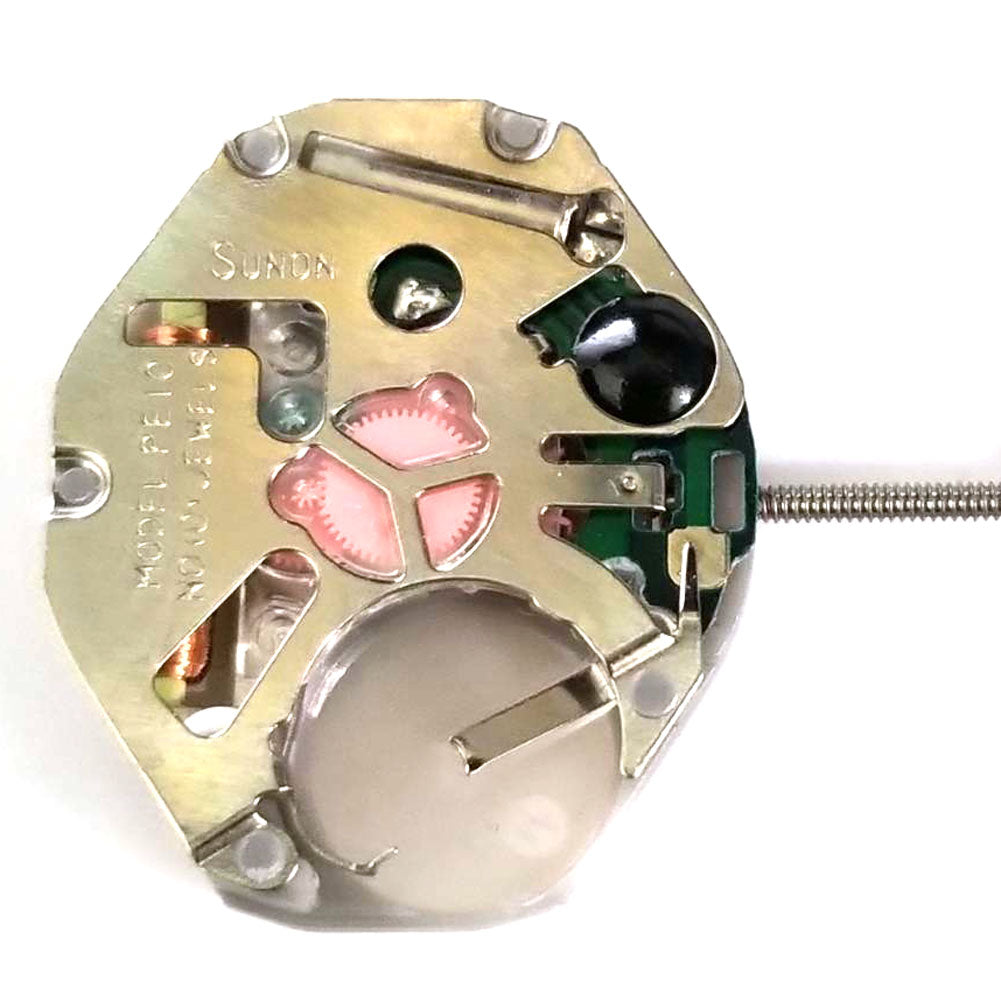 Sunon PE10 quartz watch movement repair part with 2/3 hands, precise timekeeping component.