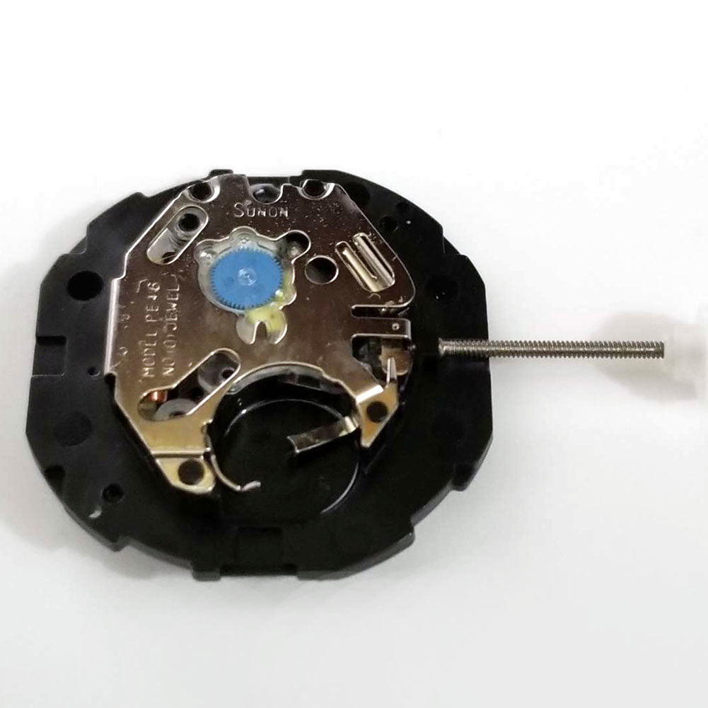 Sunon PE46 quartz watch movement with 2 hands and date display at 3 o'clock for precise timekeeping.