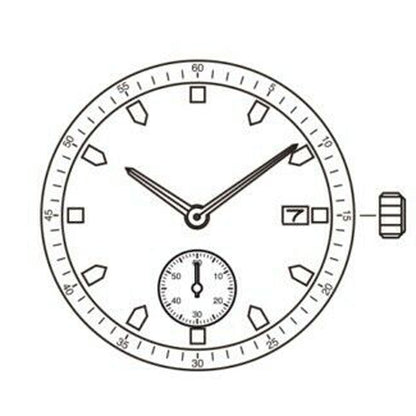Sunon PE46 quartz watch movement with 2 hands and date window at 3 o'clock for accurate timekeeping.