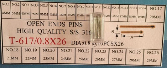 AB617/0.8 Assortment of 0.8mm Thick Open End Watch Bracelet Link Pin 4mm-29mm Watch Parts