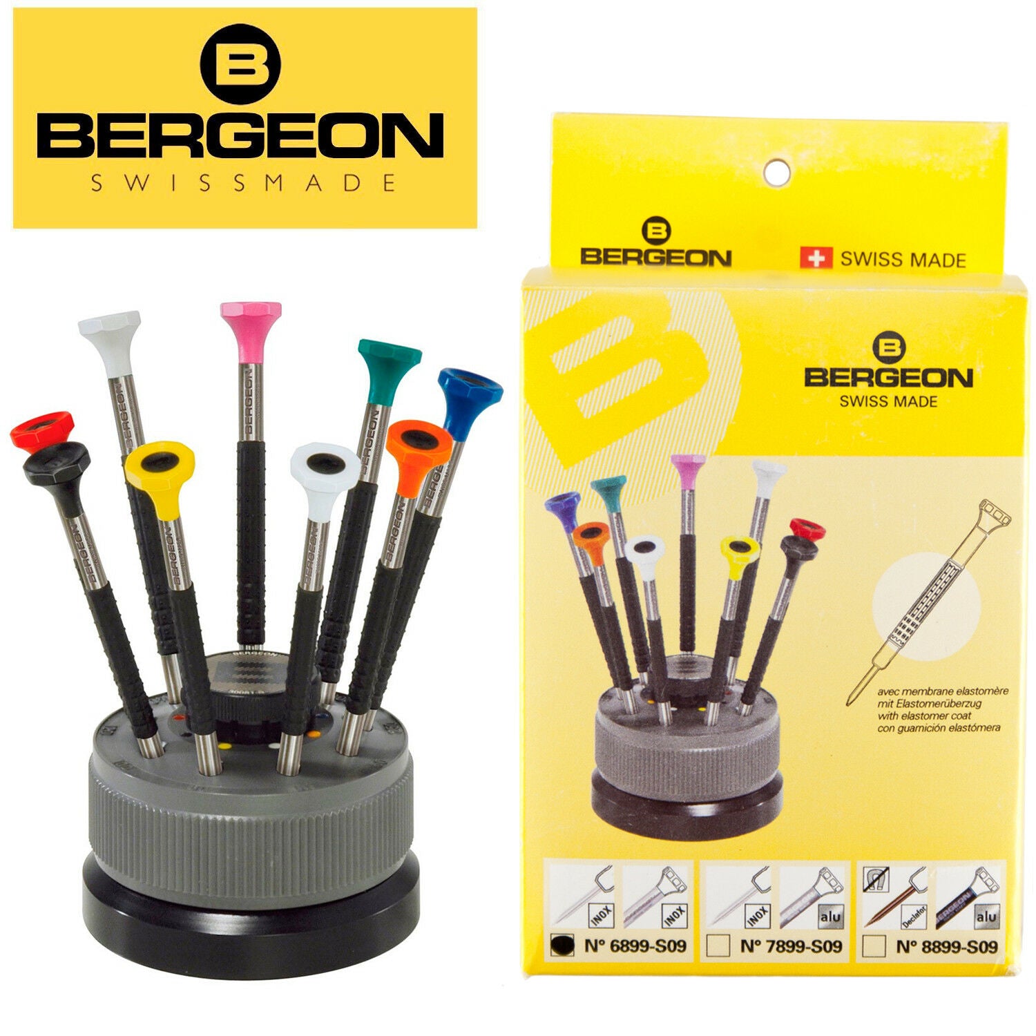 Bergeon 9-piece stainless steel screwdriver set designed for precise watch repair tasks and adjustments.