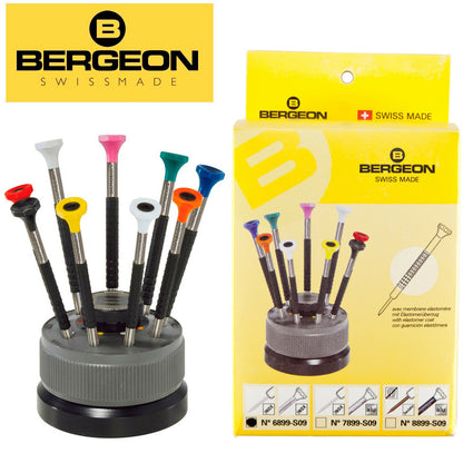 Bergeon 9-piece stainless steel screwdriver set designed for precise watch repair tasks and adjustments.